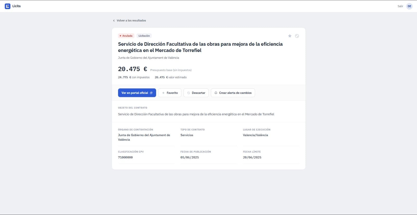 Ficha de detalle de una licitación en Licita, con acceso al portal oficial y creación de alertas