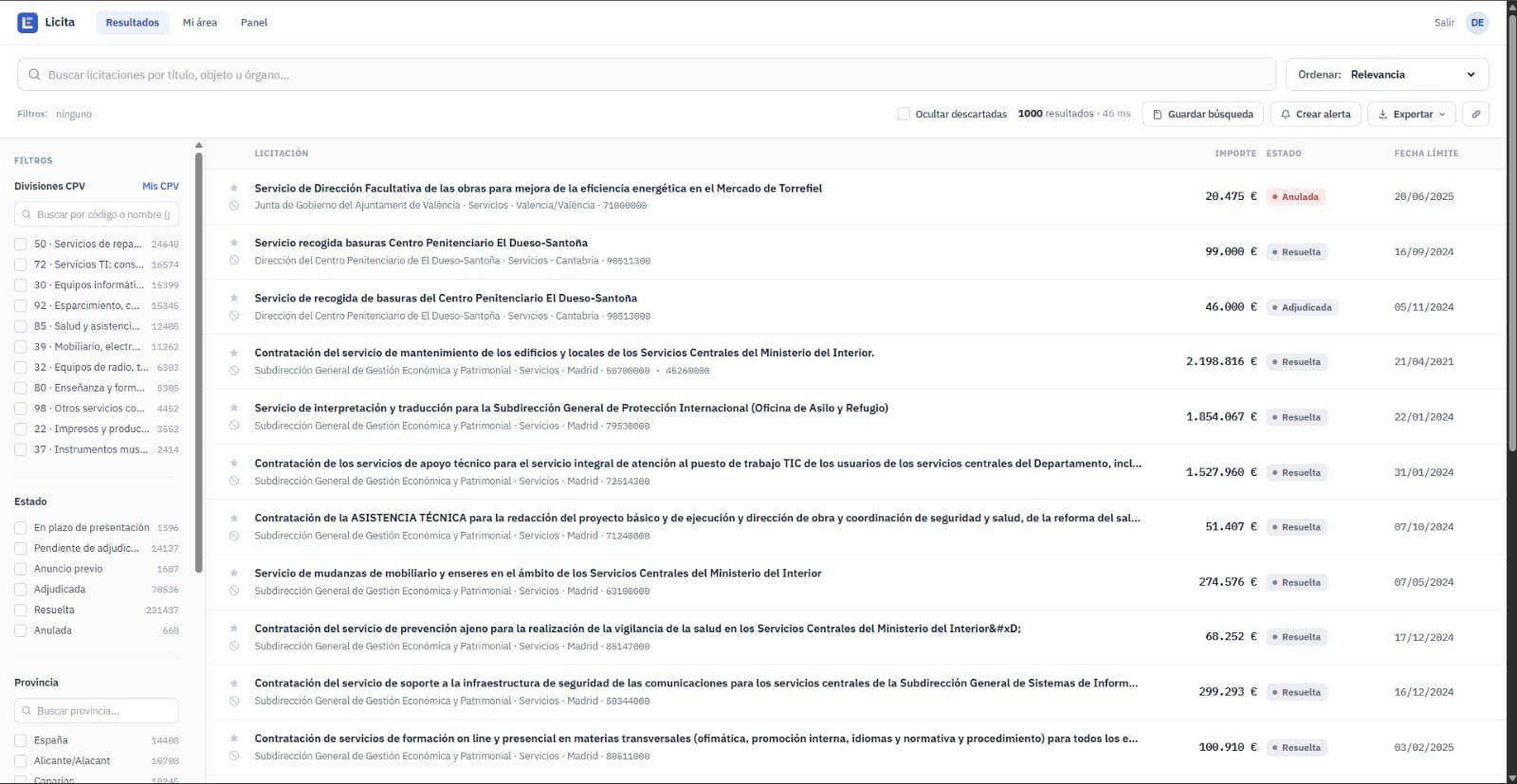 Panel de resultados de Licita, con filtros por CPV, estado y provincia